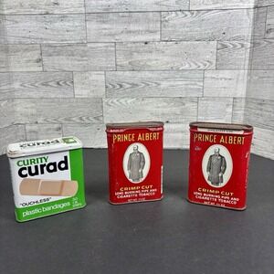 Vintage curity Curad Bandag/ Prince Albert Crimp Cut Tobacco Tin Lot‎ Of 3